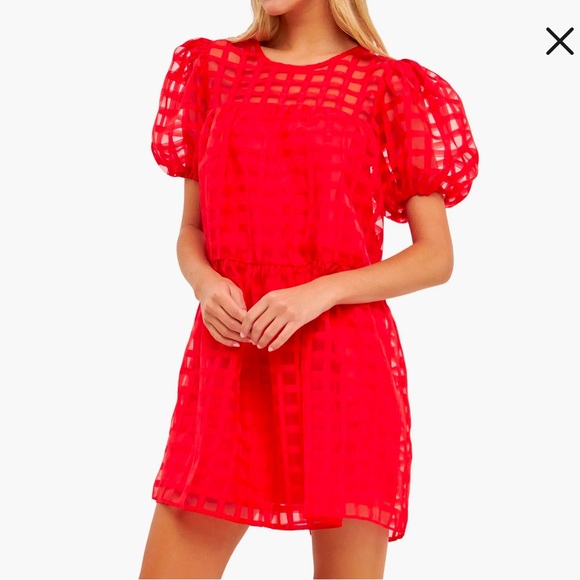 English Factory Gridded Puff Sleeve Dress Red - Picture 2 of 2